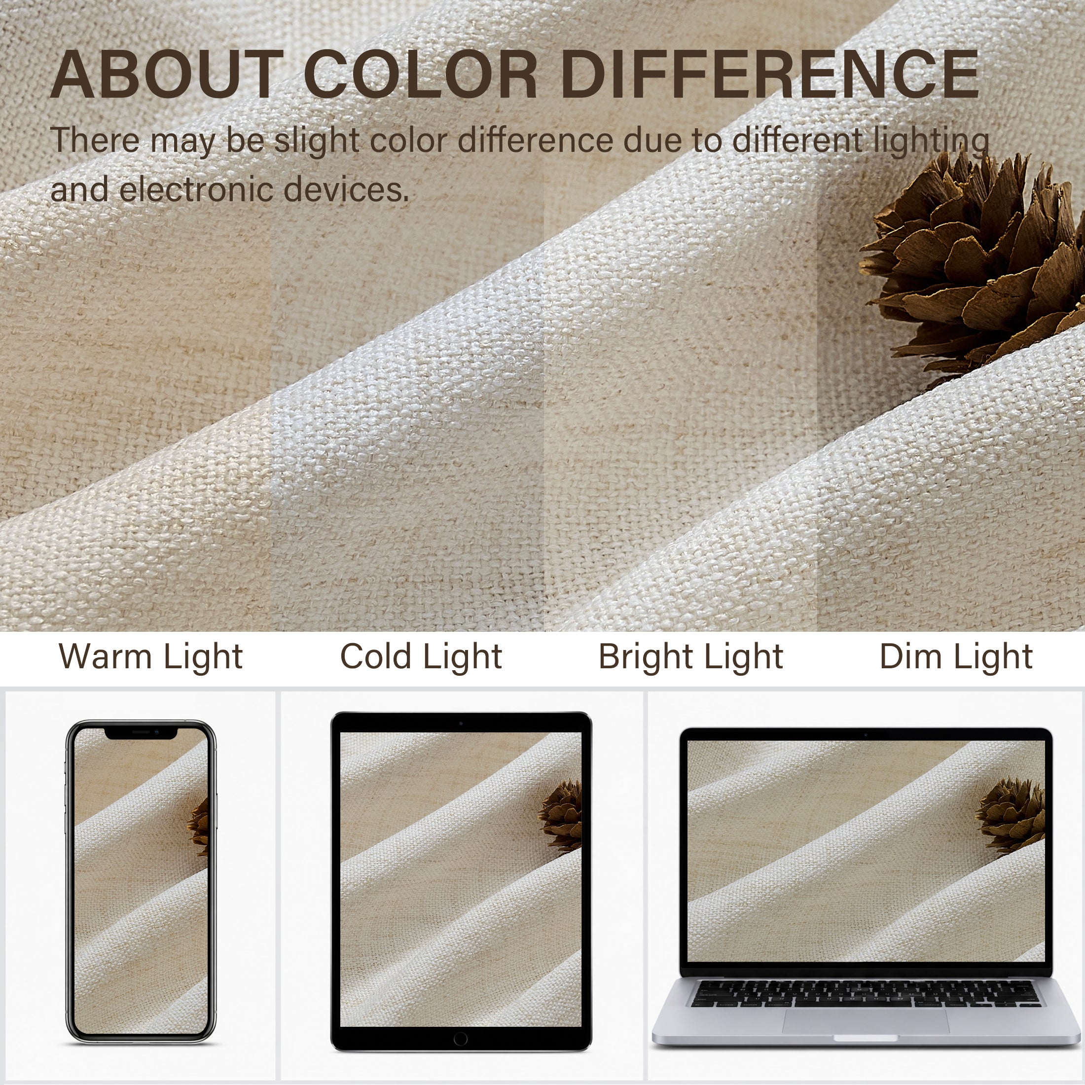 TURCURNO Light Filtering Linen Curtains for Bedroom Farmhouse,Soft Flax Textured Bronze Grommet Semi-Sheer Boho Curtains 2 Panels,Ivory White,52"x63"