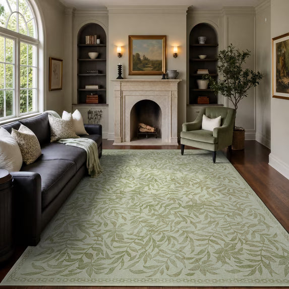 TURCURNO Non Slip Cream Green Area Rugs for Bedroom,Soft Low Pile Boho Farmhouse 6x9 Area Rugs Vintage Botanical Willow Leaf Print Rug for Living Room