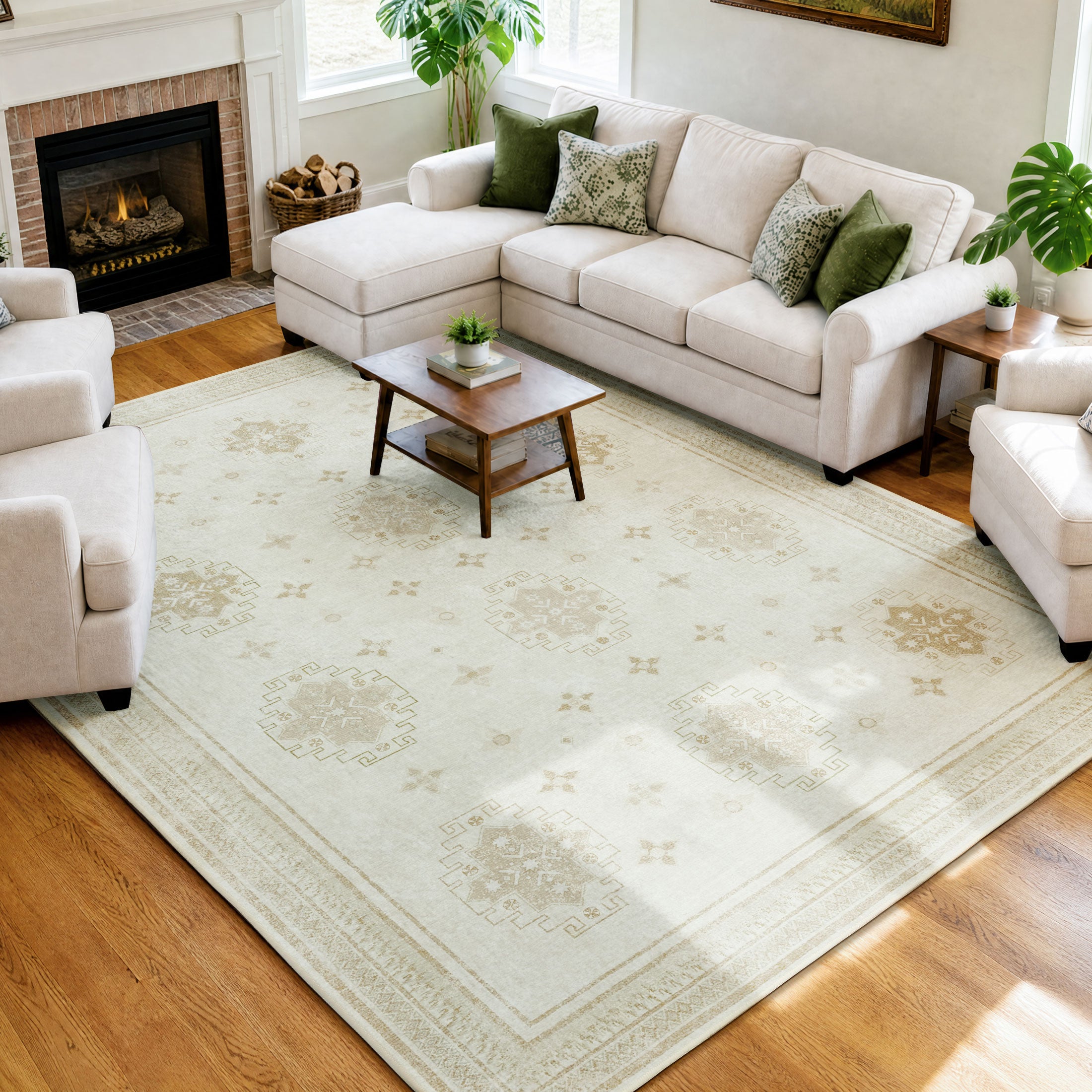 TURCURNO Farmhouse 6x9 Beige Large Area Rugs for Bedroom, Vintage Boho Soft Washable Low Pile Distressed Retro Indoor Carpets for Living Room Bedroom Dining Room