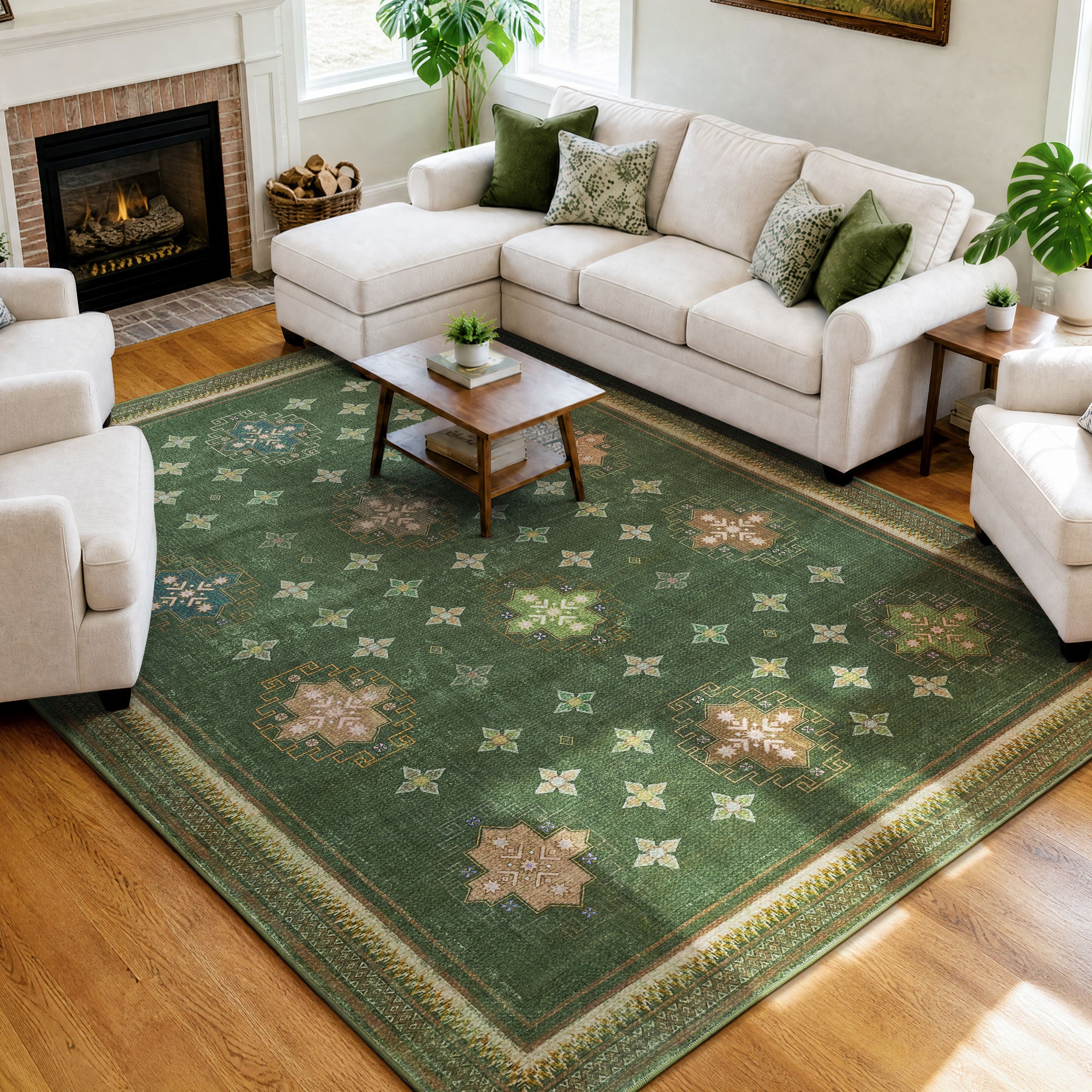 TURCURNO Traditional 6x9 Olive Green Area Rugs for Bedroom, Vintage Distressed Low Pile Non-Slip Washable Durable Indoor Rugs for Dining Room Living Room Farmhouse