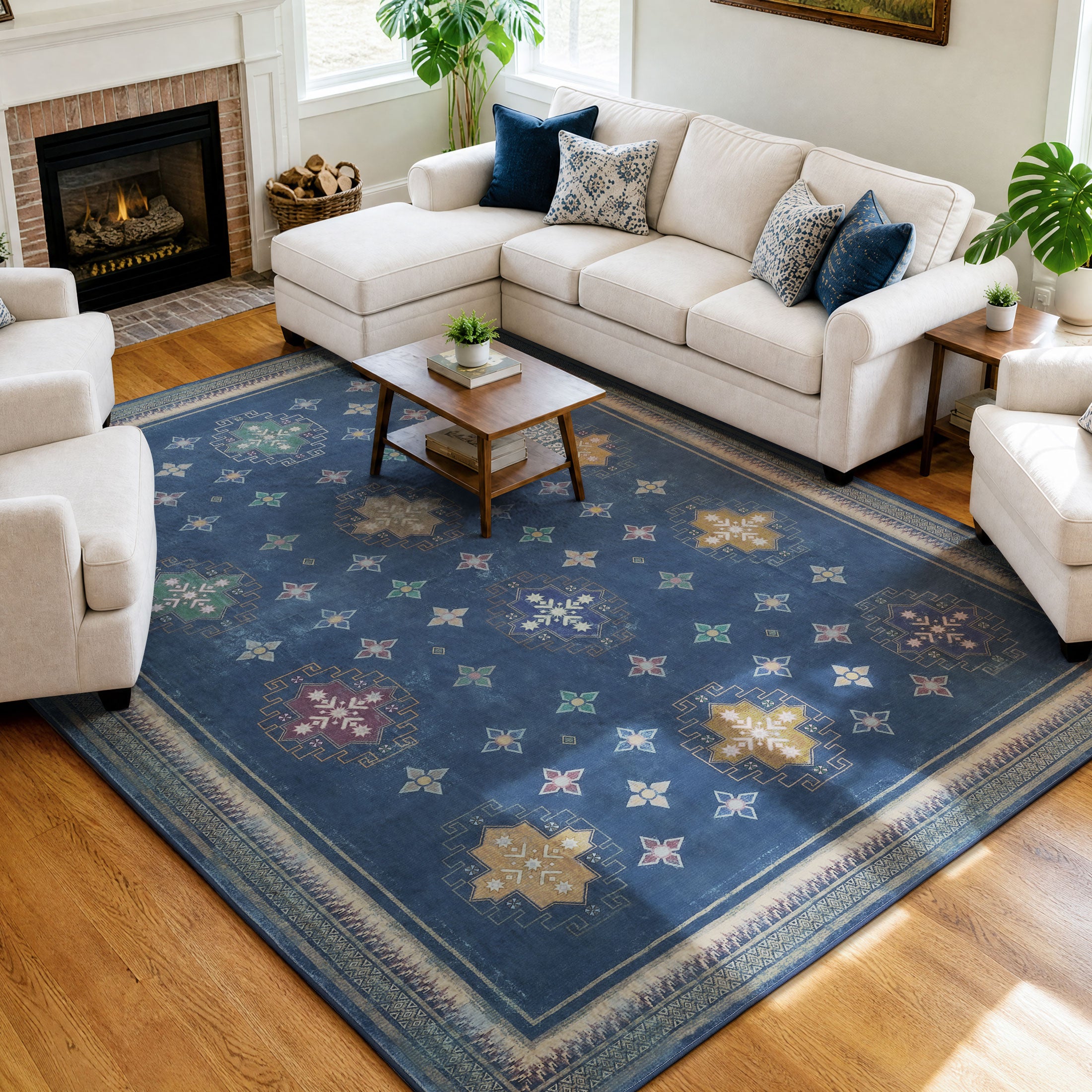 TURCURNO Vintage Geometric 6x9 Midnight Blue Area Rugs for Living Room, Farmhouse Non-Slip Machine Washable Indoor Under Table Throw Rugs for Bedroom Dining Room Playroom