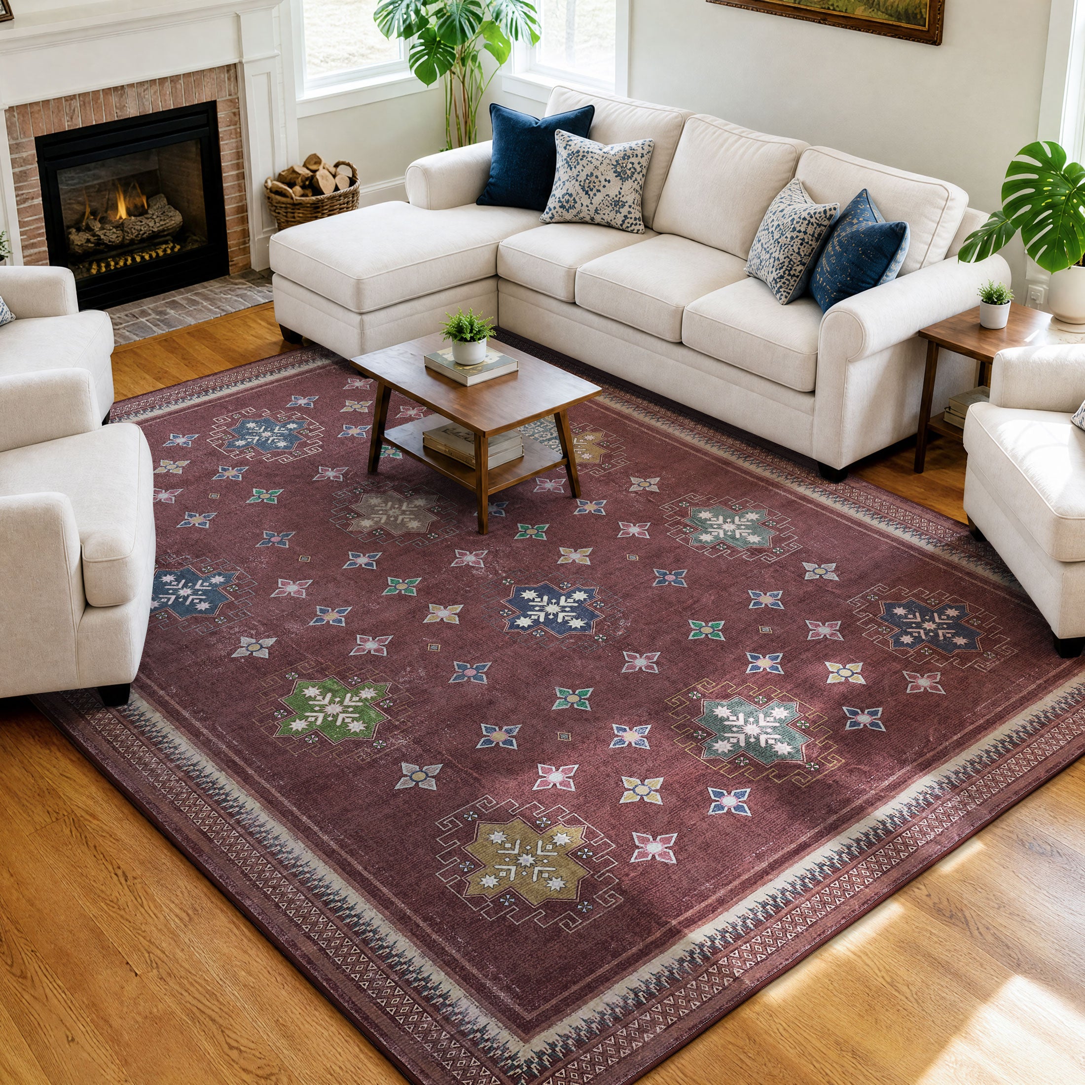 TURCURNO Medallion Oriental 6x9 Vintage Red Area Rugs for Living Room, Boho Distressed Non-Slip Machine Washable Indoor Carpets for Dining Room Office