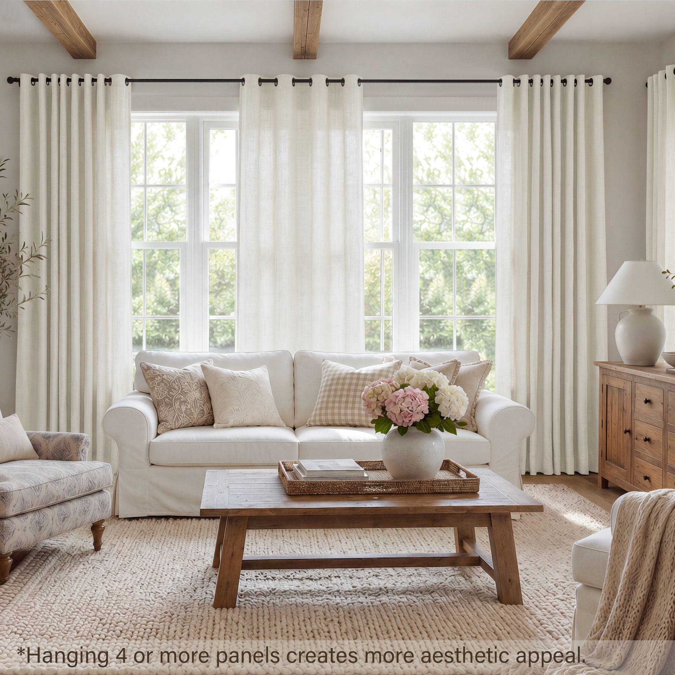 TURCURNO Light Filtering Linen Curtains for Bedroom Farmhouse,Soft Flax Textured Bronze Grommet Semi-Sheer Boho Curtains 2 Panels,Ivory White,52"x63"