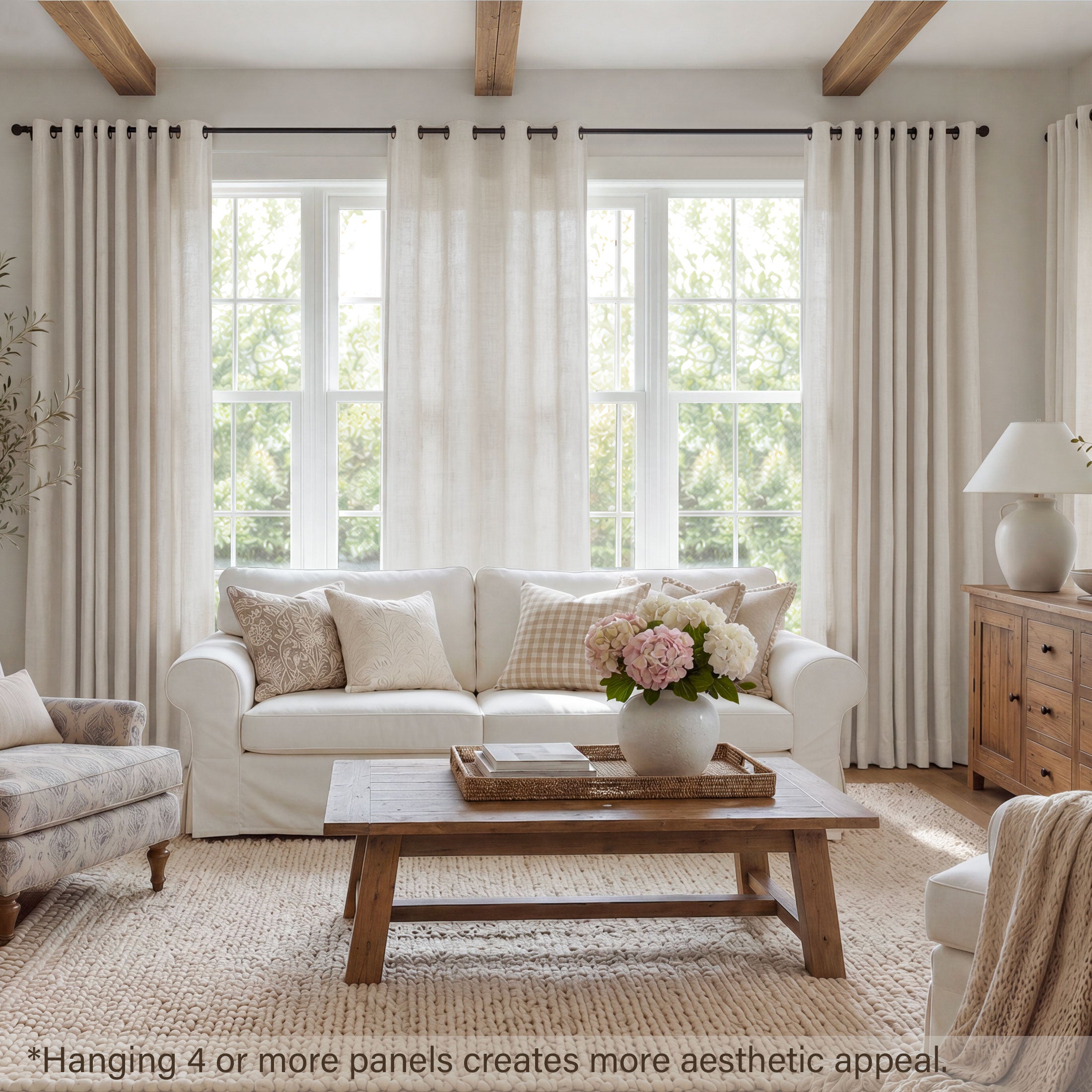 TURCURNO Light Filtering Linen Curtains for Living Room and Office,Flax Textured Bronze Grommet Semi Sheer Privacy Drapes 2 Panels,Natural,52"x96"