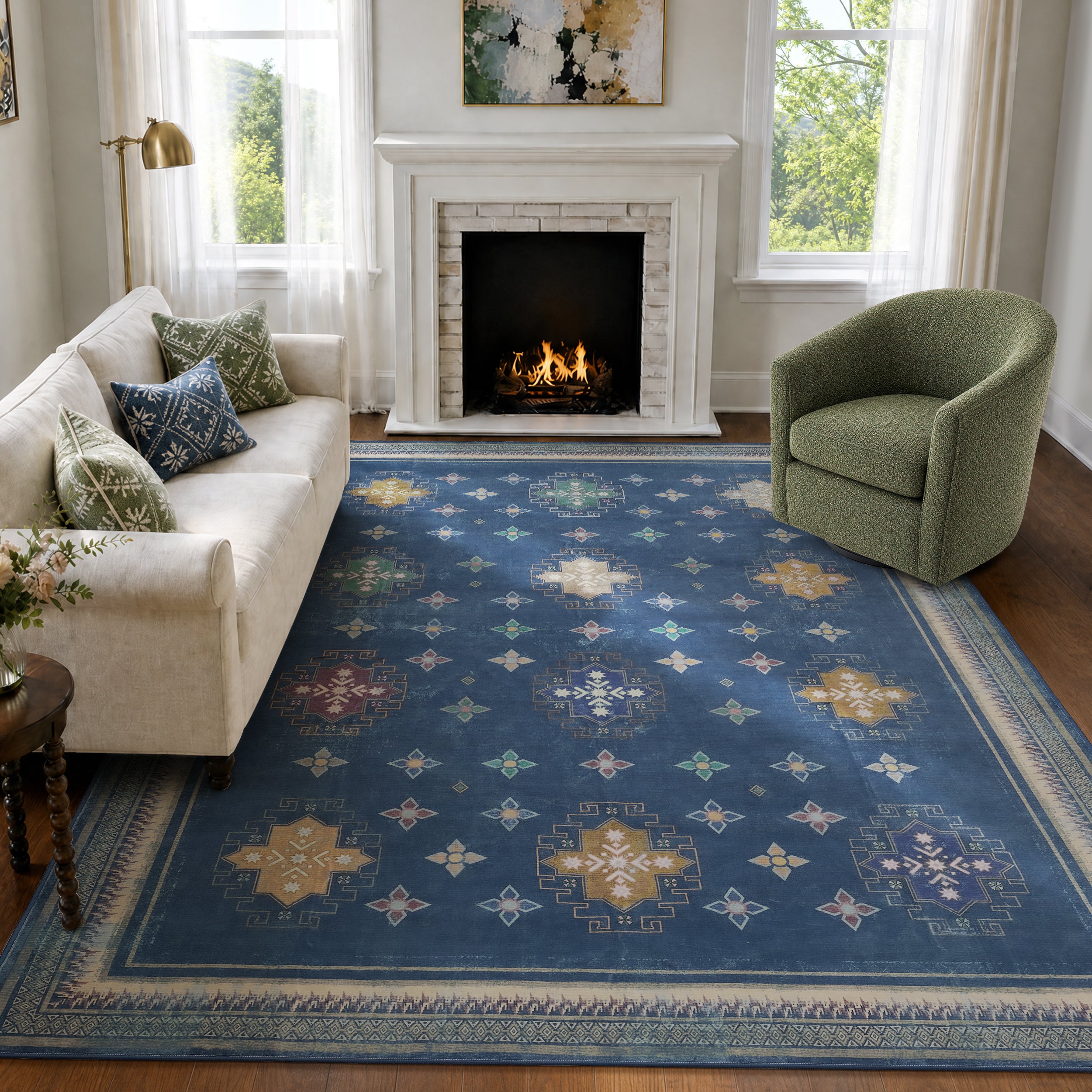 TURCURNO Farmhouse Traditional Vintage 10x14 Large Area Rug for Bedroom, Oriental Medallion Non-Slip Washable Indoor Carpets Dining Room Under Table Carpet,Darkblue