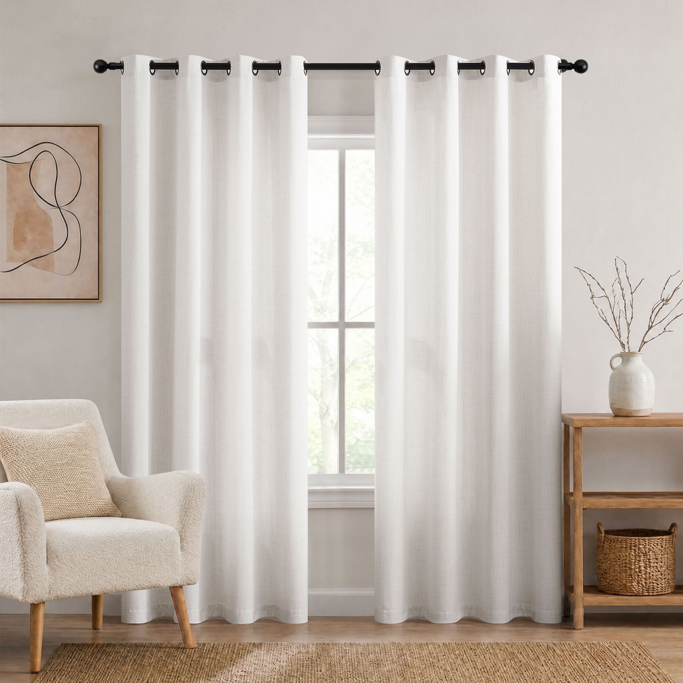 TURCURNO Light Filtering Linen Curtains for Living Room Bedroom,Soft Fabric Bronze Grommet Semi Sheer Boho Curtains 2 Panels,Beige White,52"x84"