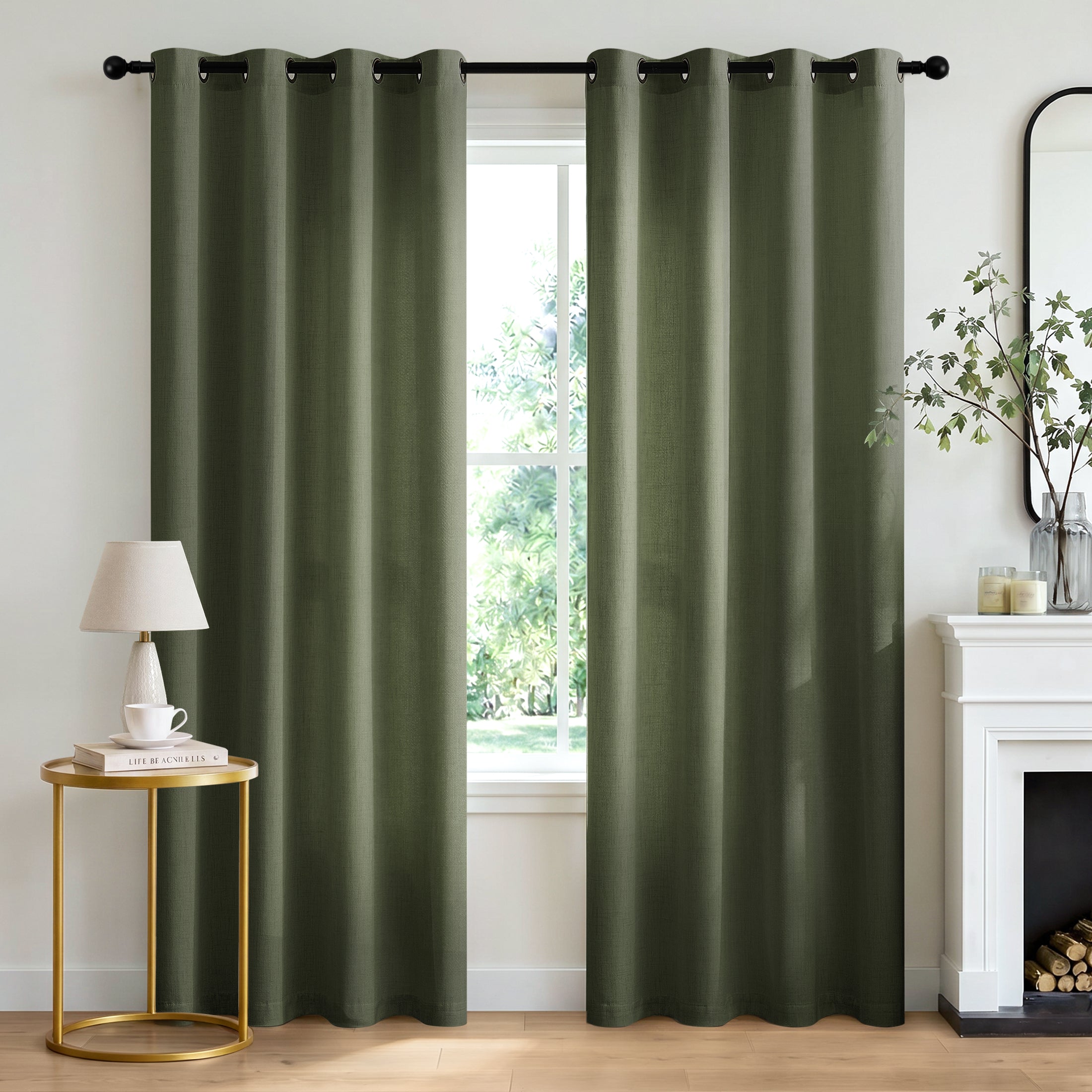 TURCURNO Light Filtering Linen Curtains for Living Room Bedroom,Soft Fabric Bronze Grommet Semi-Sheer Window Curtain,2 Panels,Olive Green,52"x84"
