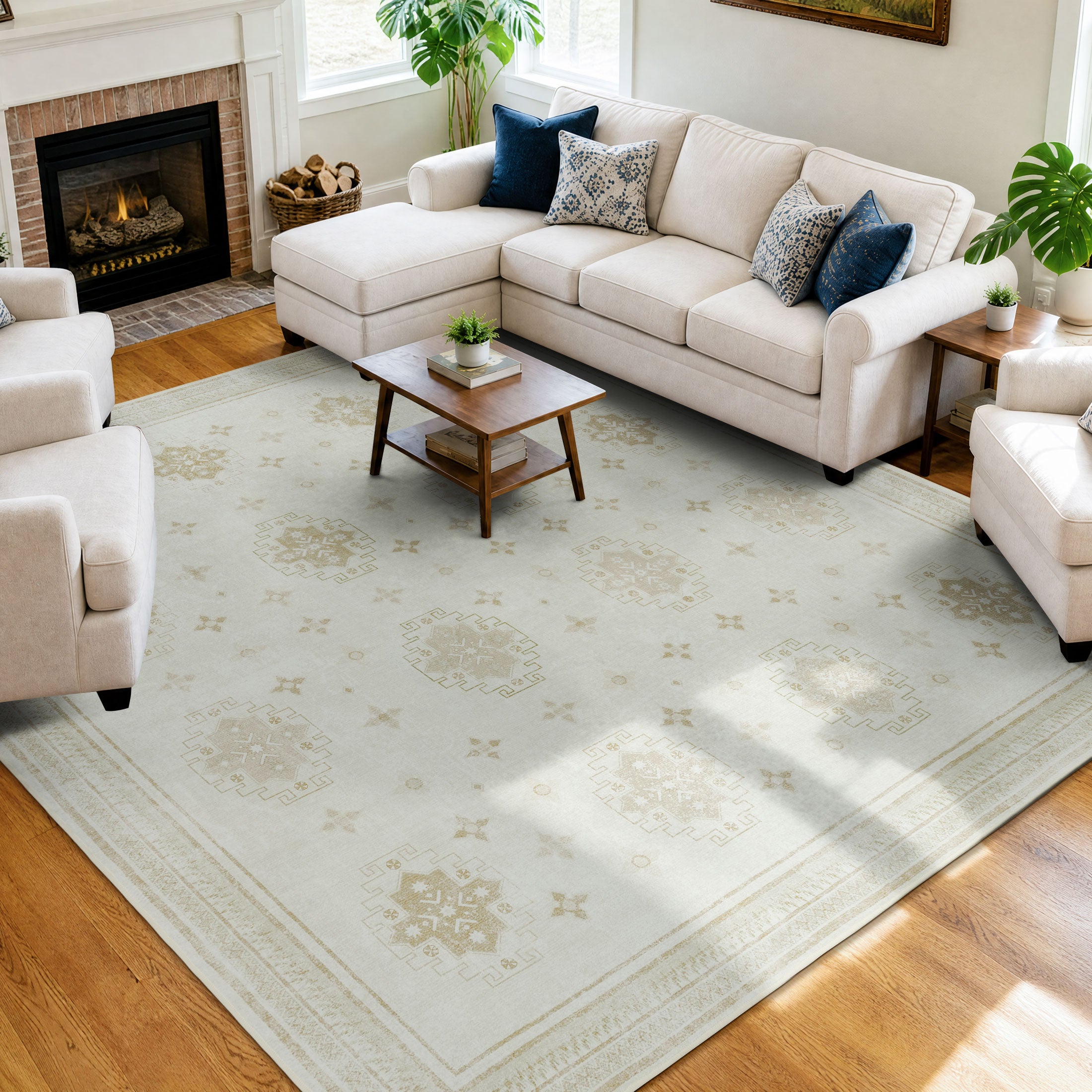 TURCURNO Vintage Boho 8x10 Beige Large Area Rugs for Bedroom, Machine Washable Soft Distressed Traditional Oriental Retro Mats for Living Room Dining Room Office