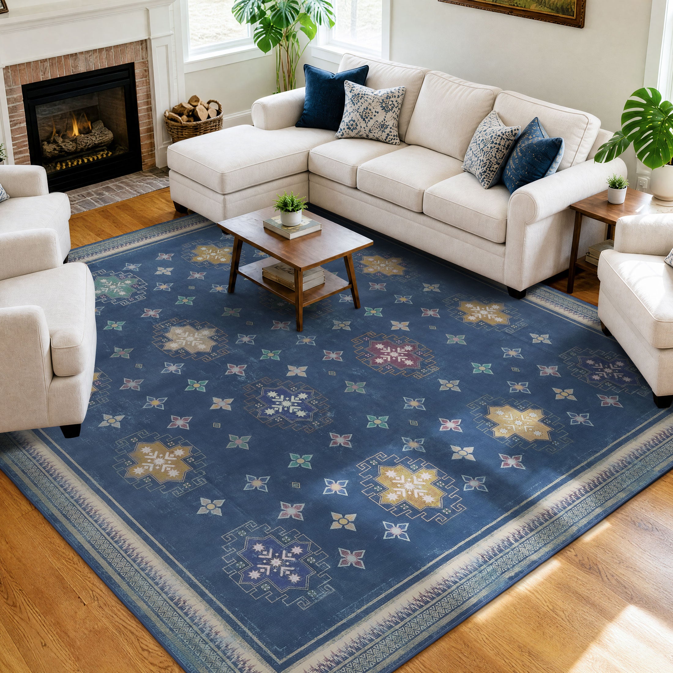 TURCURNO Traditional Oriental Soft 8x10 Midnight Blue Area Rugs for Living Room, Farmhouse Non-Slip Machine Washable Carpets for Bedroom Dining Room, Blue