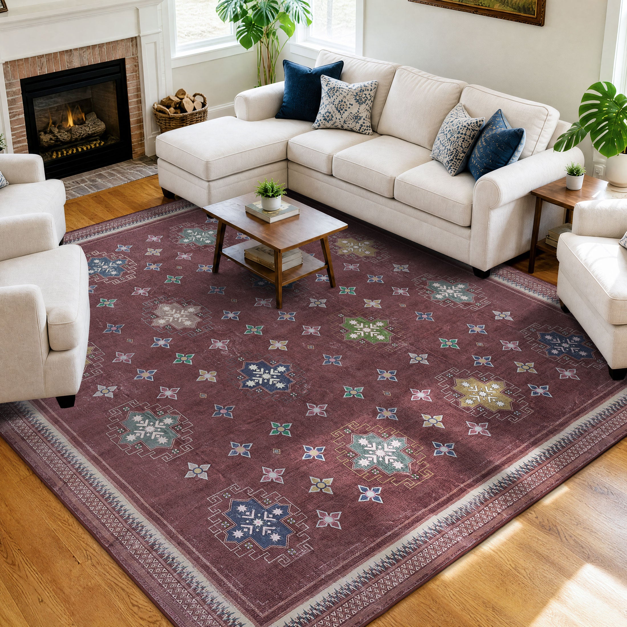 TURCURNO Oriental Vintage 8x10 Vintage Red Area Rugs for Bedroom, Boho Distressed Pet Friendly Non-Slip Washable Indoor Carpets for Office Living Room Dining Room
