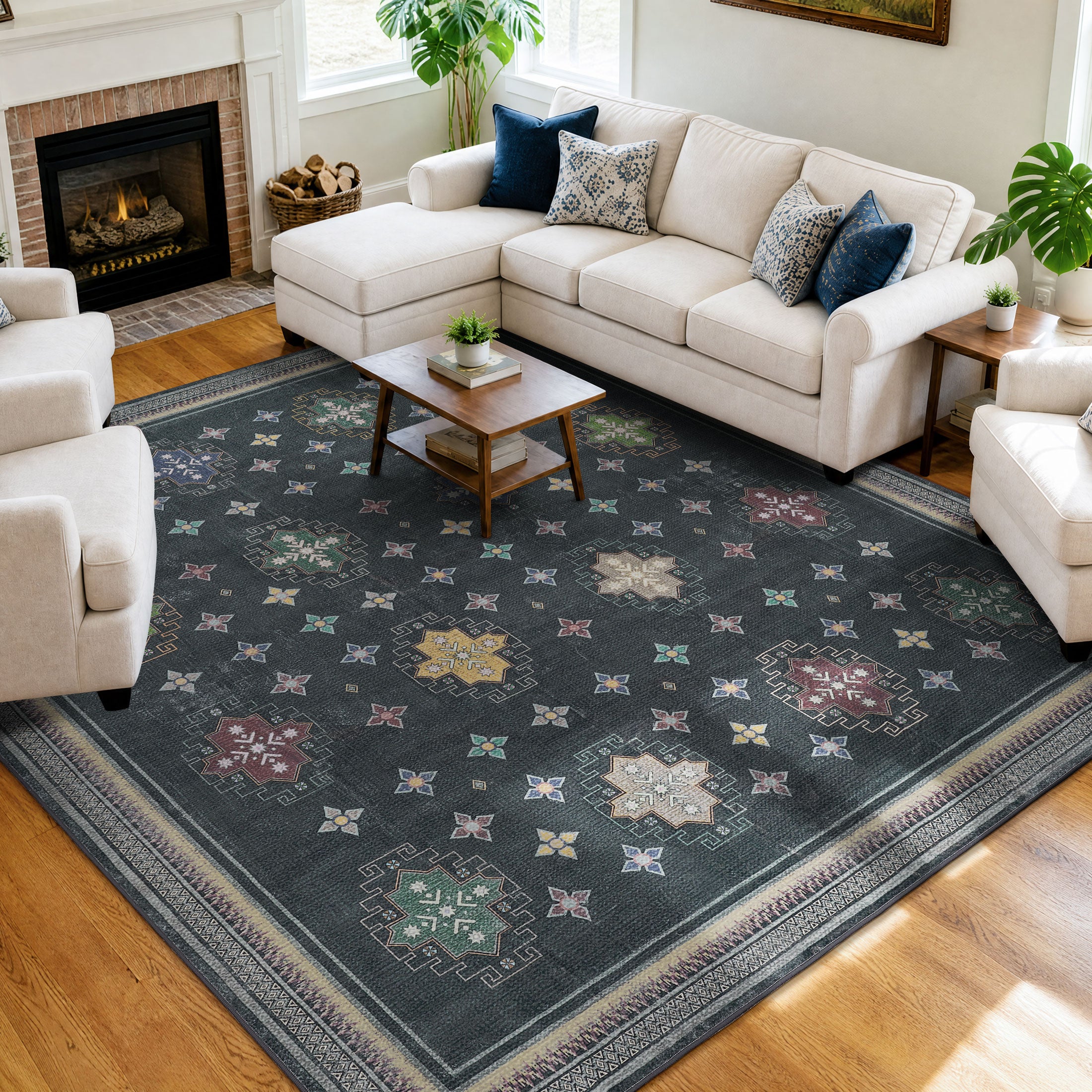 TURCURNO Machine Washable 8x10 Black Area Rugs for Living Room, Persian Oriental Distressed Stain Resistant Durable Rugs for Office Bedroom Kitchen Dining Room