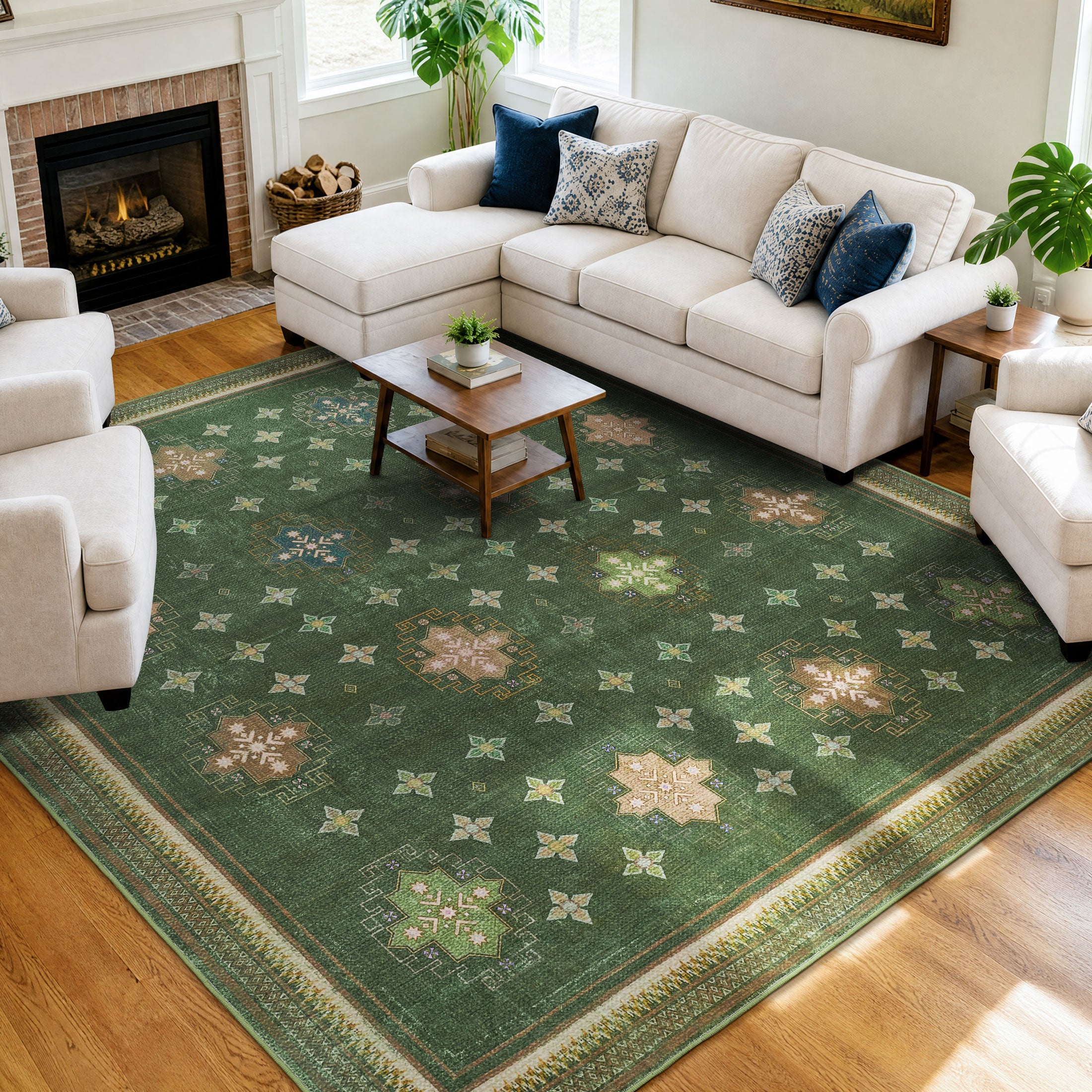 TURCURNO Neutral Vintage 8x10 Olive Green Area Rugs, Retro Distressed Non-Slip Soft Washable Durable Stain Resistant Indoor Rugs for Living Room Dining Room, Jungle Mid Century Modern Farmhouse