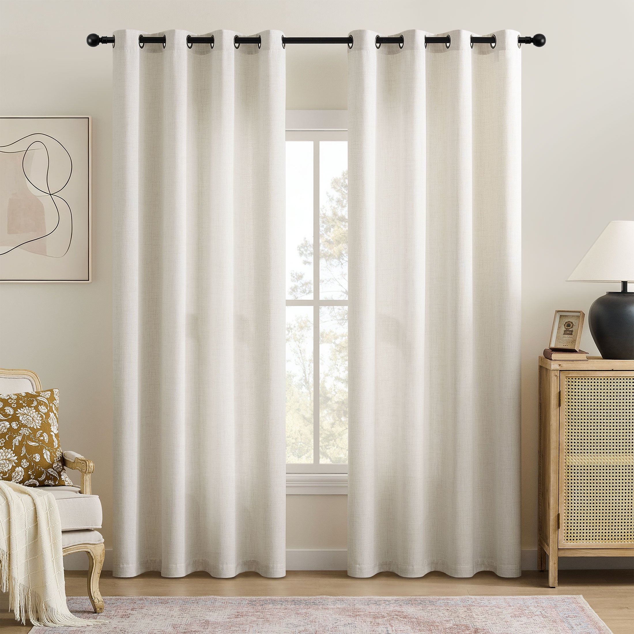 TURCURNO Light Filtering Linen Curtains for Living Room Bedroom,Soft Fabric Bronze Grommet Semi-Sheer Boho Curtains 2 Panels,Ivory White,52"x84"