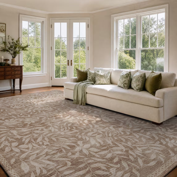 TURCURNO Soft Low Pile Washable 9X12 Oversized Area Rugs for Living Room,Stain Resistant Non Slip Willow Leaf Cream Brown Indoor Rugs Boho Farmhouse Rugs for Dining Room