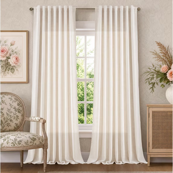 TURCURNO 96 Inch Curtain for Living Room, Farmhouse Semi Sheer Linen Curtains, Modern Back Tab Rod Pocket Light Filtering Drapes for Bedroom, White Ivory, 2 Panels