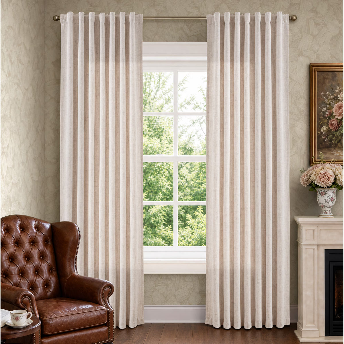 TURCURNO 84 inch Semi Sheer Linen Blend Curtains, Soft Fabric Light Filtering Curtains Drapes for Living Room, Back Tab, Linen, 2 Panels, 52"x84"