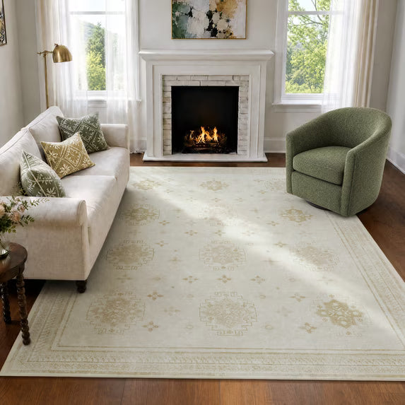 TURCURNO Farmhouse Area Rugs 6x9 for Bedroom,Vintage Medallion Pattern Star Rosettes Rug with Stain Resistant,Washable Low Pile Carpets for Living Room,Oatmeal Beige