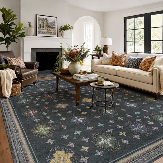 TURCURNO Moroccan Big Rugs 10x14 Area Rugs for Living Room,Vintage Oriental Rugs with Star Bohemian,Ultra-Soft Indoor Carpet for Bedroom,Non-Slip & Stain,Black/Multi