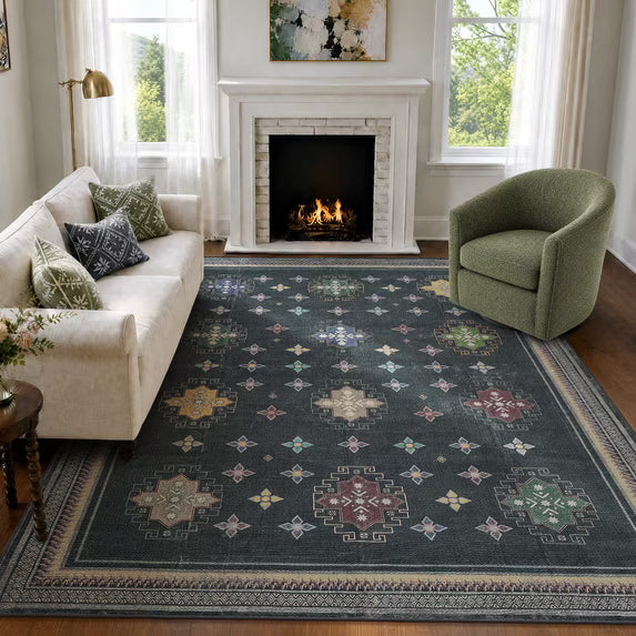 TURCURNO 8x10 Area Rugs for Living Room,Oriental Distressed Stain Resistant Durable Rugs for Bedroom Kitchen Dining Room,Machine Washable,Charcoal Black