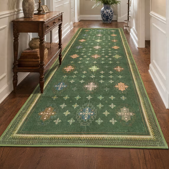 TURCURNO Washable 3x8 Olive Runner Rugs for Hallway,Vintage Distressed Star Print Rug,Low Pile Non-Slip Entry Long Rug Indoor Carpets,Green