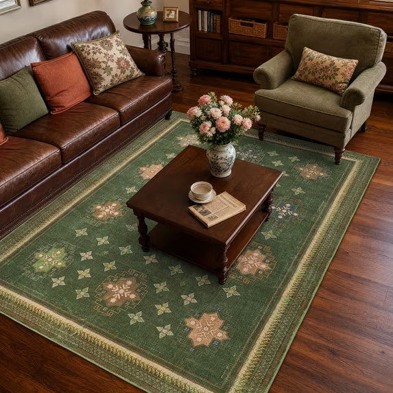 TURCURNO Washable 5x7 Area Rugs for Bedroom,Retro Geometric Star Medallions Rug,Low Pile Non-Slip Eclectic Home Decor for Living Room Dorm Room,Green