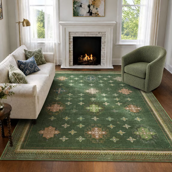 TURCURNO Non-Slip 6x9 Area Rugs for Bedroom,Vintage Geometric Star Medallions Rug Eclectic Home Decor,Washable Traditional Low Pile Mats,Olive Green