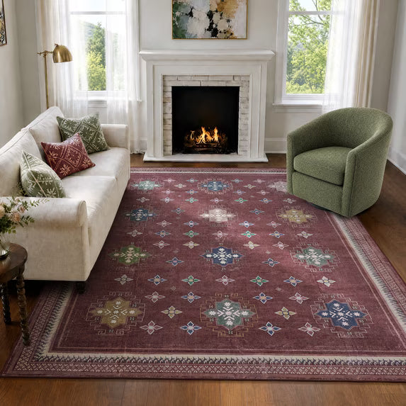 TURCURNO 6x9 Living Room Rug Vintage Geometric Star Medallion Oriental Area Rugs for Dining Room Office,Non-Slip Machine Washable Carpets,Red