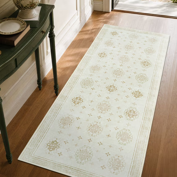 TURCURNO 2x6 Vintage Boho Hallway Runner Rugs,Washable Traditional Geometric Medallion Carpet With Star,Non Slip Stain Resistant Rugs for Kitchen Laundry Room Dorm,Beige