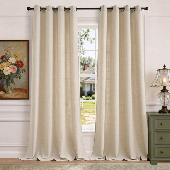 TURCURNO 2 Panels Flax Linen Curtains,Light Filtering 96 Inch Cream Drapes for Dining Room,Soft Textured Window Curtains with Bronze Grommet,Natural
