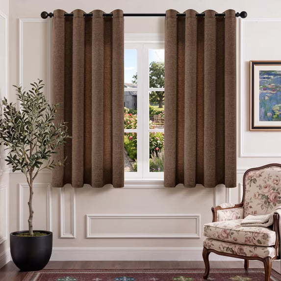 TURCURNO Flax Textured Linen Curtains,Light Filtering Privacy Bedroom Drapes with Bronze Grommet,Neutral Brown Window Curtains,Taupe,2 Panels,52"x63"