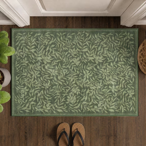 TURCURNO 2x3 Small Rugs Non Skid Washable for Entryway Hallways,Vintage Willow Leaf Olive Green Door Rug for Stair,Soft Low Pile Stain Resistantrug Boho Throw Mat
