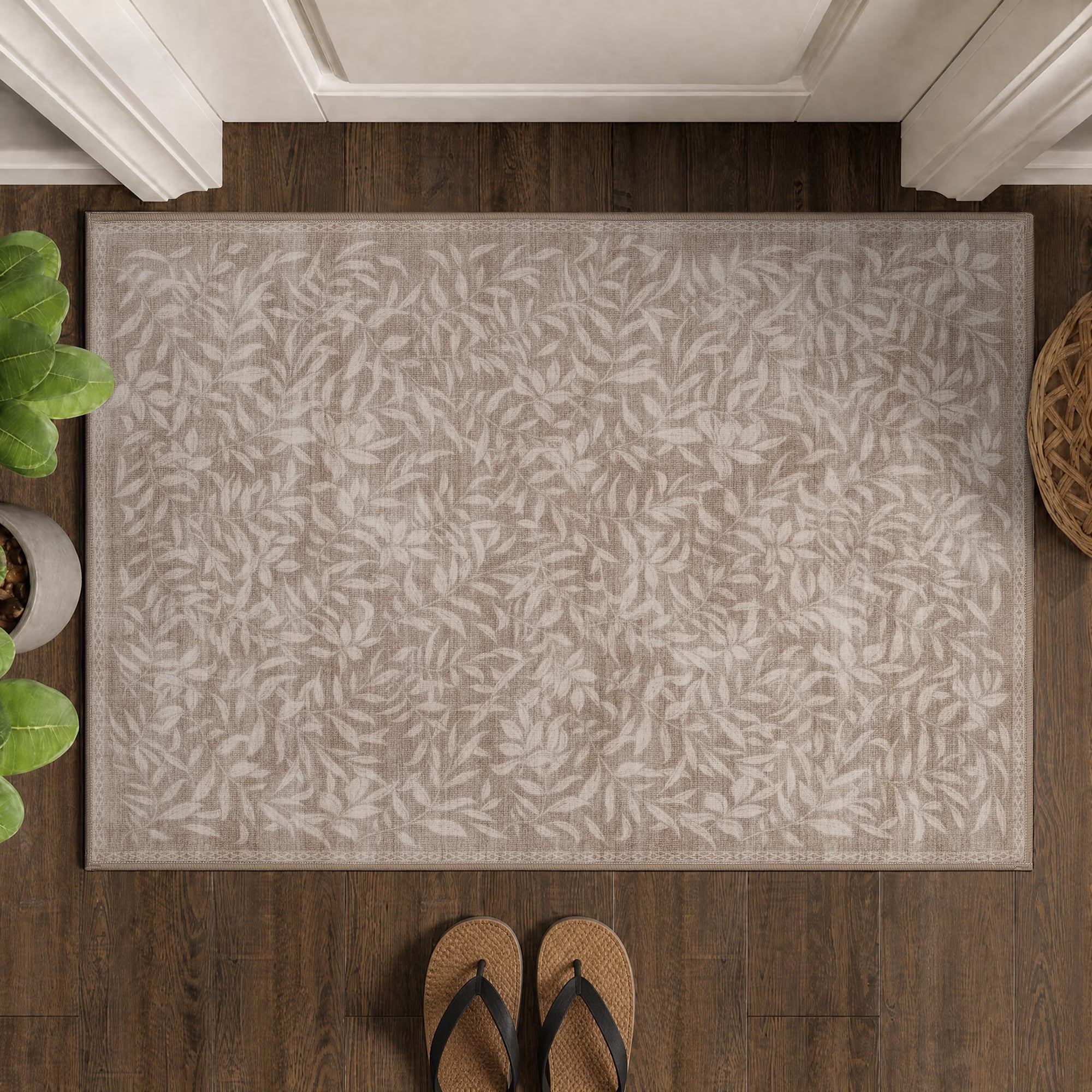 TURCURNO 2x3 Washable Small Rug for Bathroom Vanity Entrance,Retro Willow Leaf Warm Cream Brown Stain Resistant Bath Rugs Neutral Boho Farmhouse Throw Mats