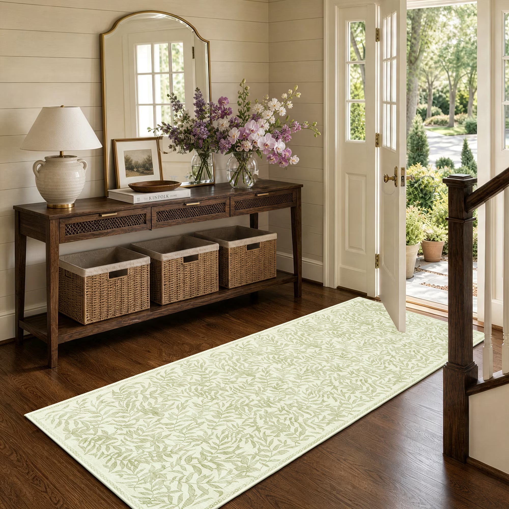 TURCURNO Kitchen 2x6 Runner Rugs Non Skid Washable for Entryway Hallways,Vintage Willow Leaf Cream Green Runner Rug for Stair,Soft Low Pile Boho Runner Mat