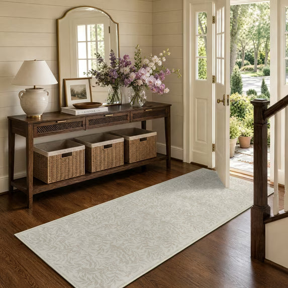 TURCURNO Willow Leaf Washable Runner Rug,Neutral Boho Farmhouse 2x6 Runner Rugs for Hallway Stain Resistantrug Beige Grey Kitchen Runner Rugs Non Skid