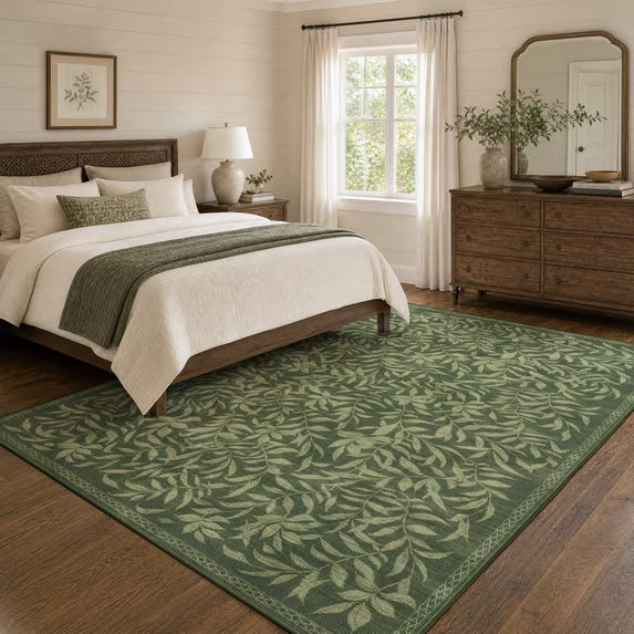 TURCURNO Washable 5x7 Area Rugs for Living Room Bedroom,Soft Botanical Willow Leaf Print Area Rugs Boho Farmhouse Non Slip Stain Resistantrug Olive Green Rug