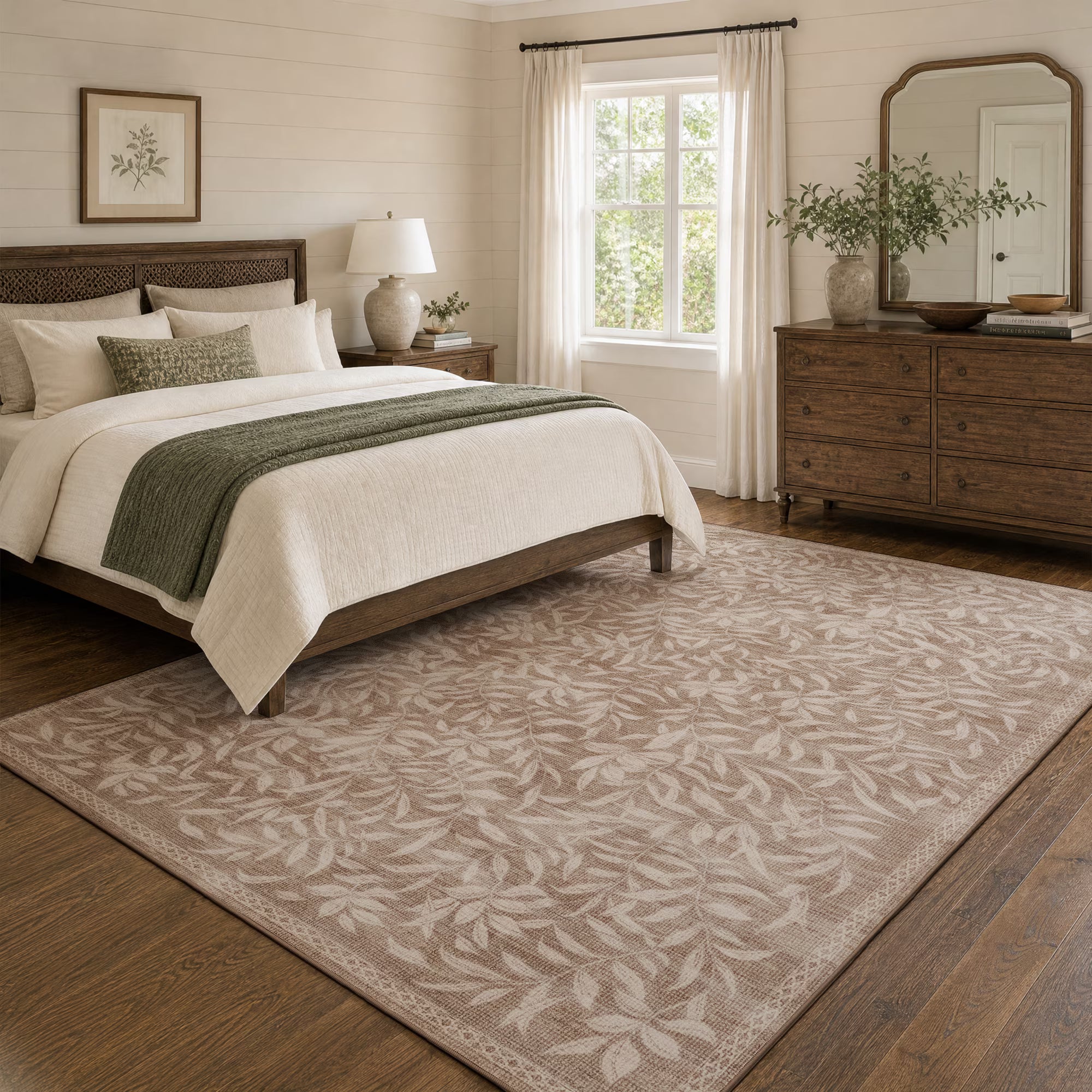 TURCURNO Non Slip 5x7 Area Rug Living Room Foldable Rug,Soft Vintage Willow Leaf Cream Brown Area Rugs for Bedroom Neutral Boho Farmhouse Washable Rugs