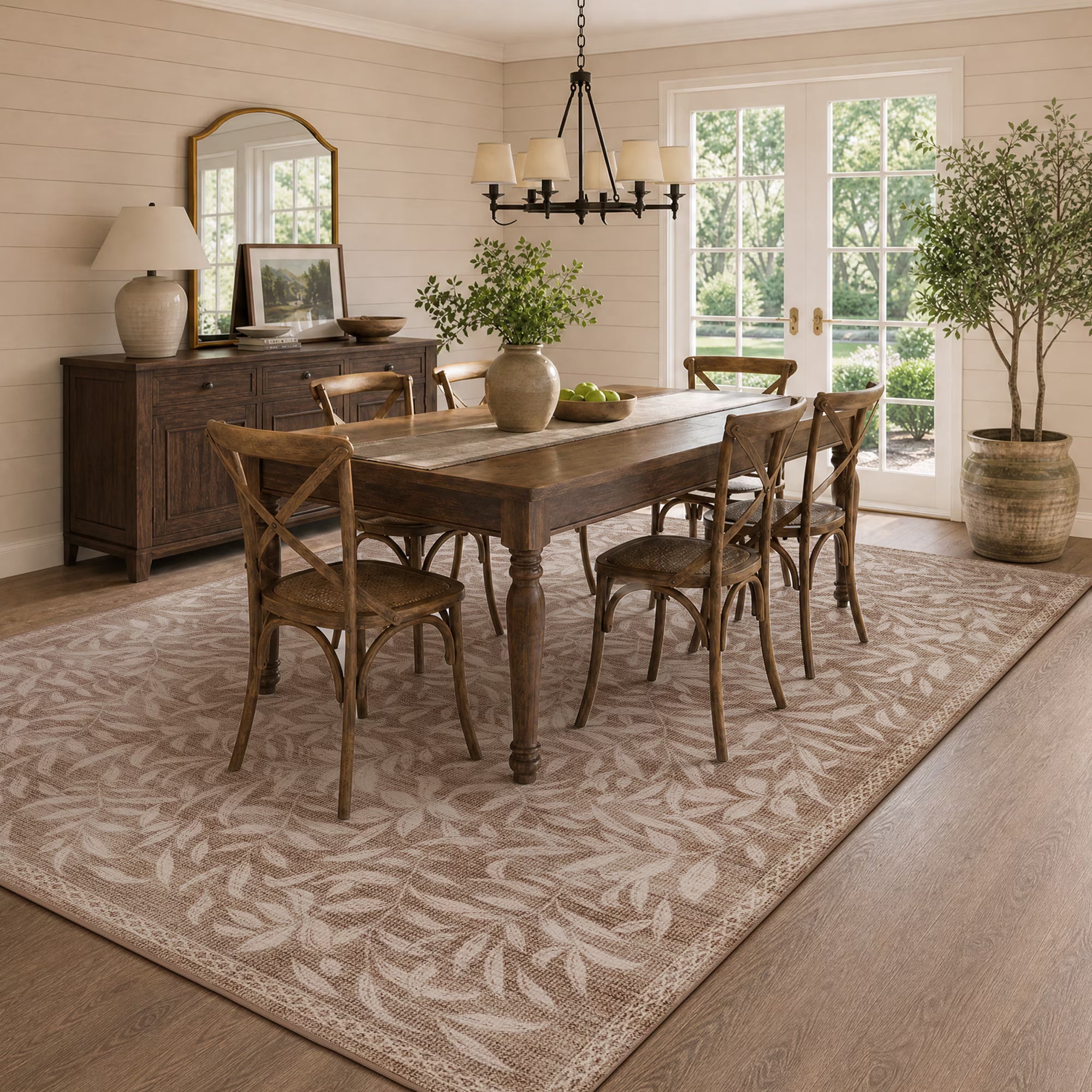 TURCURNO Stain Resistant 8x10 Dining Room Rugs for Under Table,Low Pile Warm Cream Brown Large Area Rug Retro Soft Willow Leaf Foldable Boho Farmhouse Area Rug