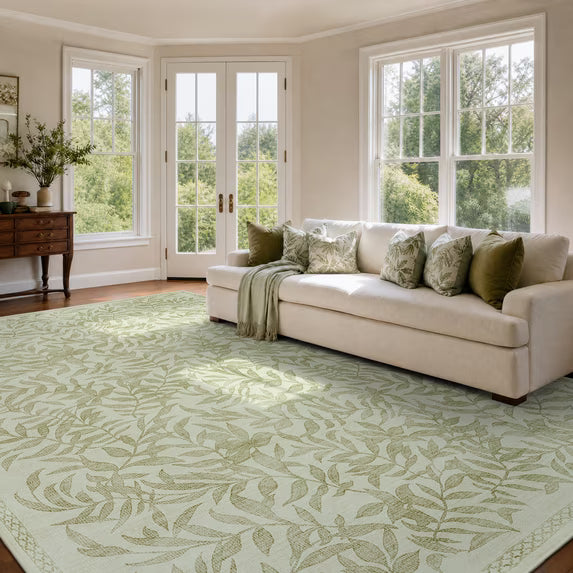 TURCURNO Washable Cream Green Dining Room Rug Foldable 9x12 Oversized Area Rugs for Living Room,Soft Vintage Non Slip Botanical Willow Leaf Boho Farmhouse Area Rug