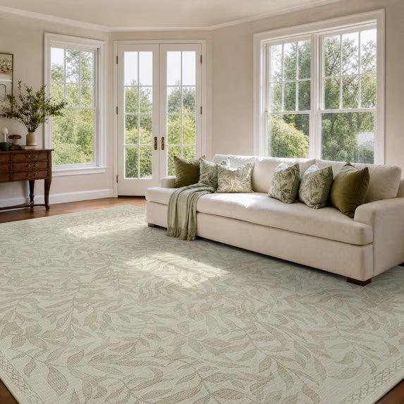 TURCURNO Washable Oversized Area Rugs 9x12 Living Room Under Rug Non Slip Pad,Soft Cream Beige Botanical Willow Leaf Print Area Rugs Neutral Modern Boho Farmhouse Rug