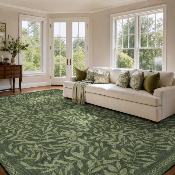 TURCURNO Non Slip Foldable Machine Washable 9x12 Oversized Area Rugs for Living Room,Soft Vintage Willow Leaf Olive Green Modern Boho Farmhouse Dining Table Rug