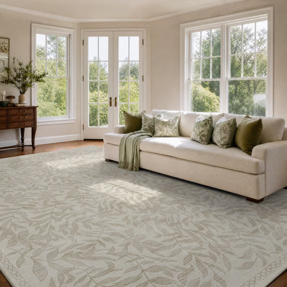 TURCURNO Non Slip Foldable Machine Washable 9x12 Oversized Area Rugs for Living Room,Soft Vintage Willow Leaf Beige Grey Modern Boho Farmhouse Dining Table Rug