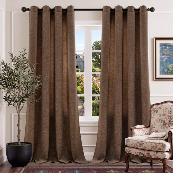 TURCURNO Soft Fabric Linen Curtains 96 Inch Light Filtering Semi Sheer Drapes,Bronze Grommet Window Curtains for Living Room Bedroom,Taupe,2 Panels
