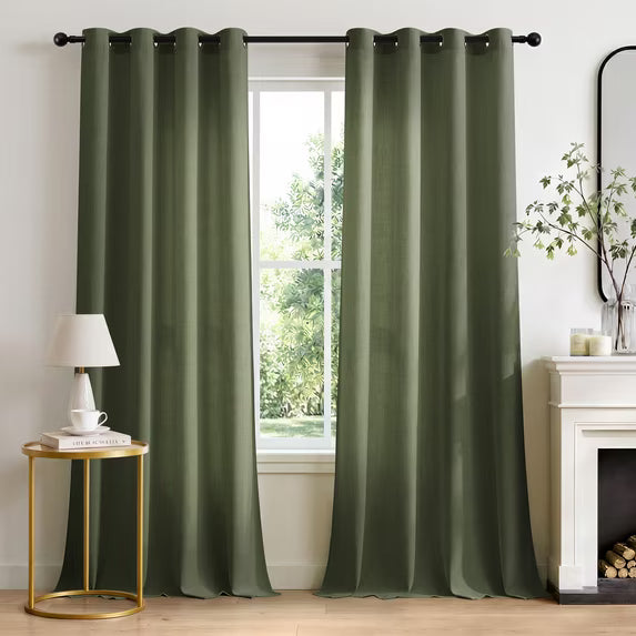 TURCURNO Light Filtering Linen Curtains for Living Room,Bronze Grommet Semi Sheer Drapes Large Window Sliding Glass Door,2 Panels,Olive Green,52"x108"