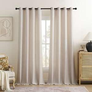 TURCURNO Light Filtering Linen Curtains for Living Room and Office,Flax Textured Bronze Grommet Semi Sheer Privacy Drapes 2 Panels,Natural,52"x96"