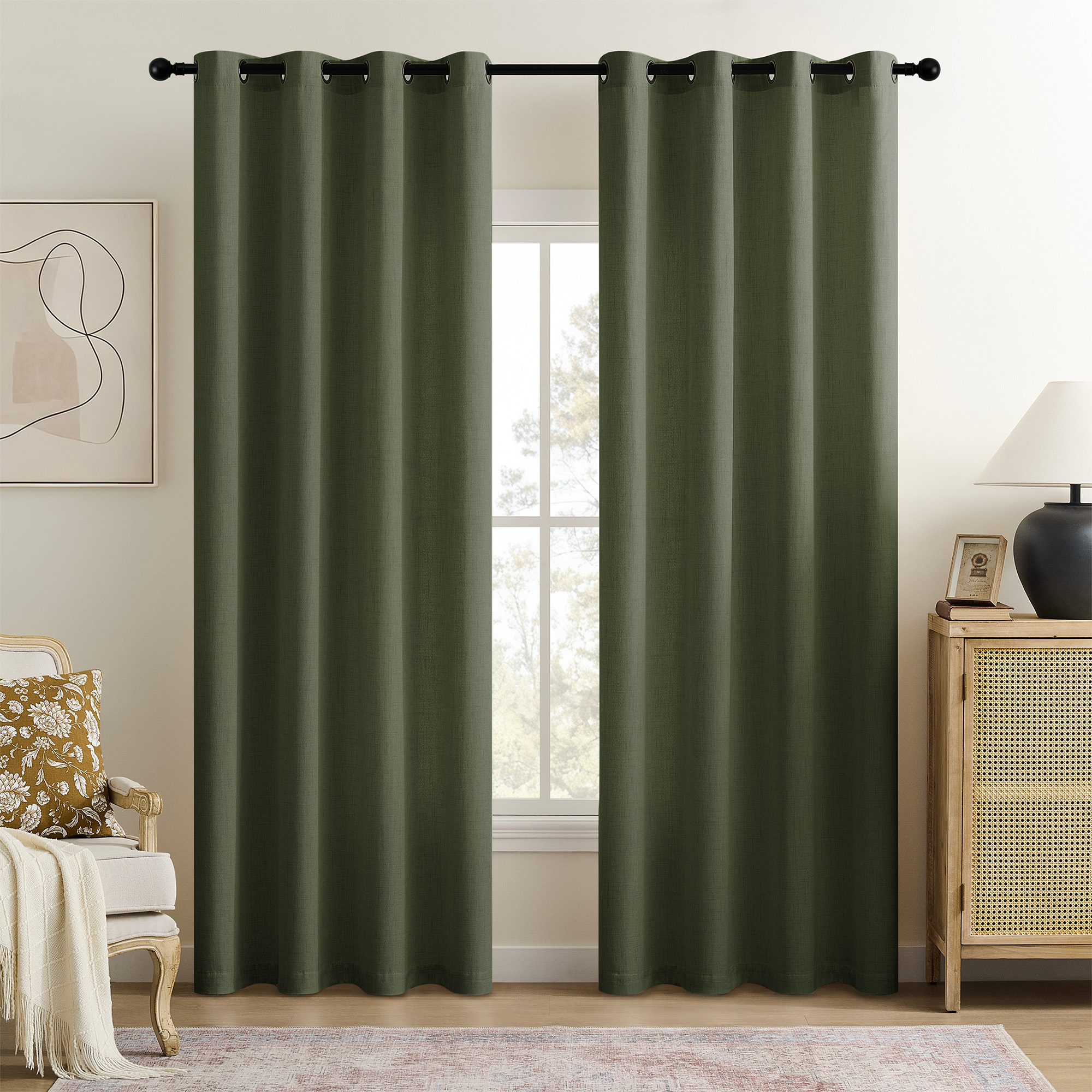 TURCURNO Light Filtering Linen Curtains for Bedroom Dining Room,Soft Fabric Bronze Grommet Semi Sheer Privacy Drapes 2 Panels,Olive Green,52"x45"