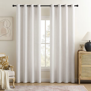 TURCURNO Light Filtering Linen Curtains for Living Room Bedroom,Flax Textured Bronze Grommet Semi Sheer Boho Curtains 2 Panels,Beige White,52"x63"